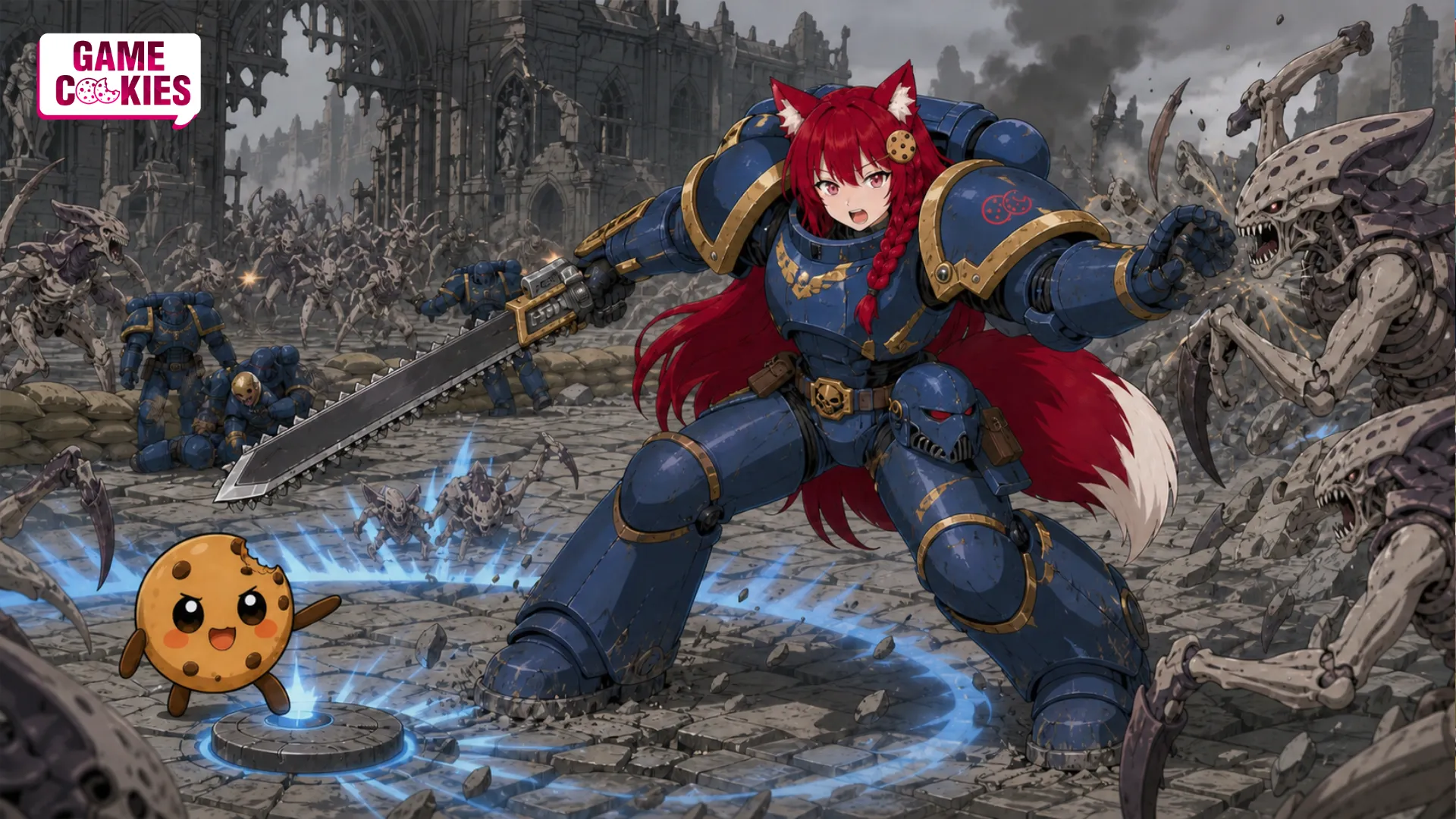 Kiki in blue power armor swings a chain sword at an alien swarm while Chip activates a blue shockwave in a Space Marine 3 editorial illustration.