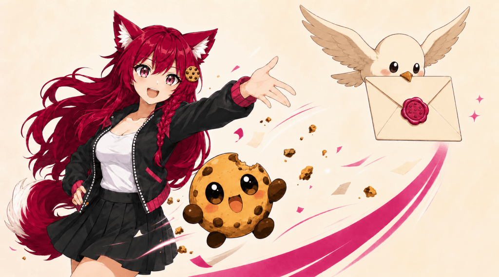 Kiki reaches toward a flying sealed envelope while Chip bounces through a swirl of cookie crumbs and pink ribbons beside her.