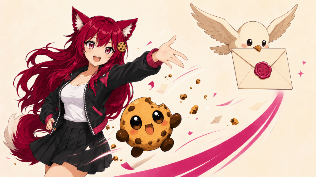 Kiki reaches toward a flying sealed envelope while Chip bounces through a swirl of cookie crumbs and pink ribbons beside her.