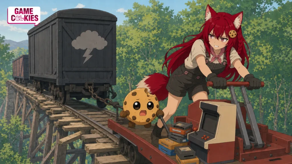 TV-anime scene of Kiki and Chip powering a red handcar loaded with cartridges and an arcade cabinet while a thundercloud-marked freight wagon strains a damaged bridge behind them.