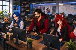 Byte, Leo, Kiki, and Chip working at computers in the Game Cookies newsroom.