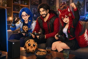Leo, Kiki, Byte, and Chip playing video games together in a cozy gaming room.