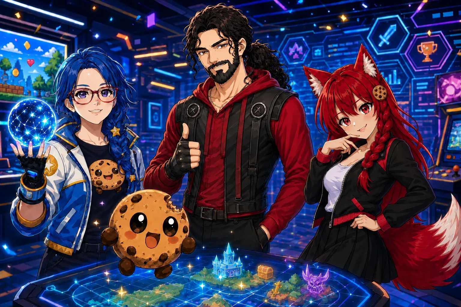 Byte, Leo, Kiki, and Chip gathered around a glowing game-world map in a colorful arcade studio.