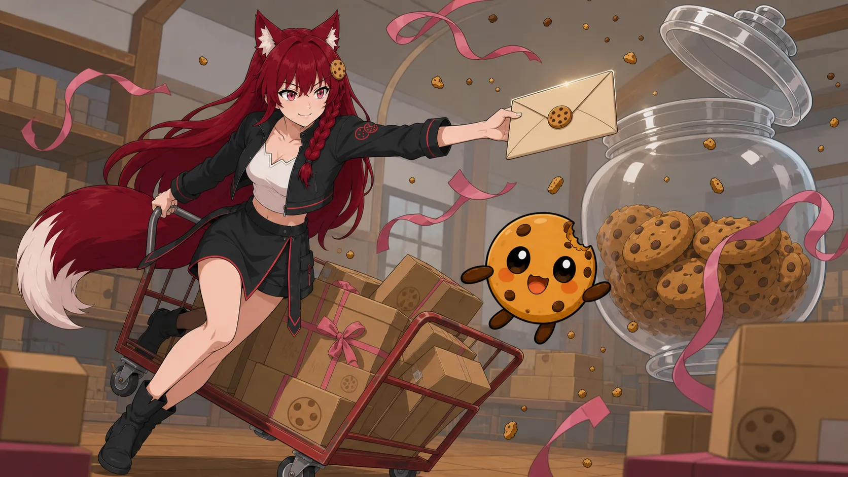 Kiki races beside a delivery cart full of cookie boxes and reaches out with a sealed envelope while Chip leaps toward an open cookie jar.