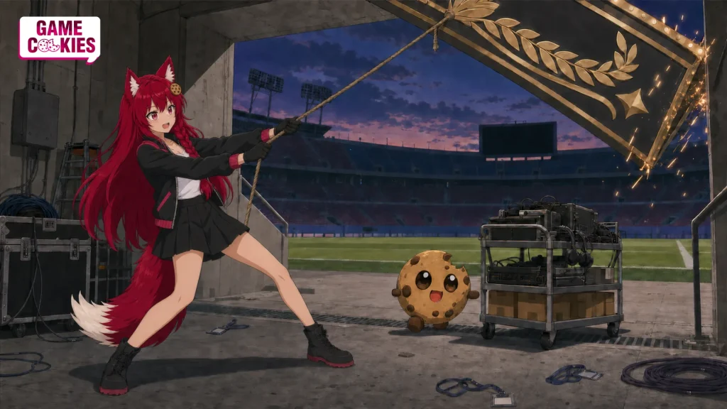 Weekly TV-anime scene of dark-red-haired Kiki, with her cookie ornament and single braid on viewer-right, pulling a taut rope to hold up a collapsing gold-laurel stadium gantry while round cookie Chip moves rescued equipment toward the tunnel exit.