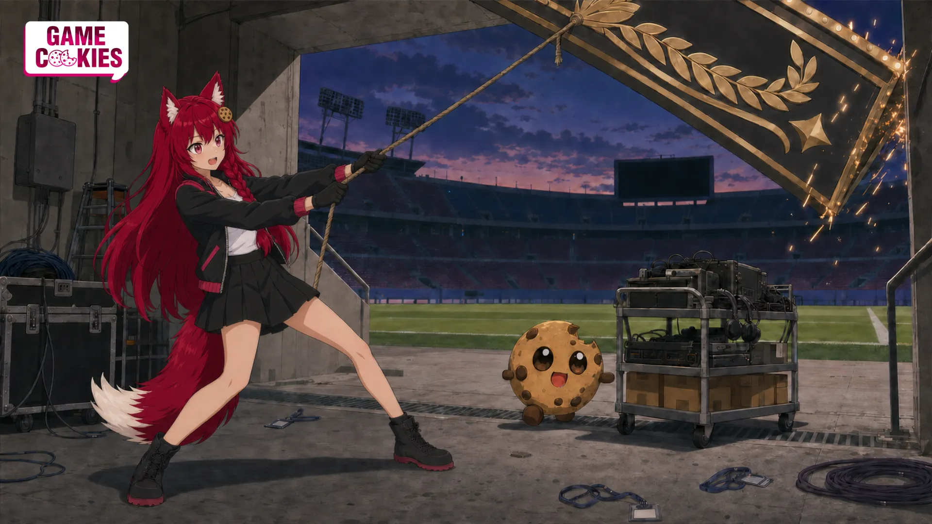 Weekly TV-anime scene of dark-red-haired Kiki, with her cookie ornament and single braid on viewer-right, pulling a taut rope to hold up a collapsing gold-laurel stadium gantry while round cookie Chip moves rescued equipment toward the tunnel exit.