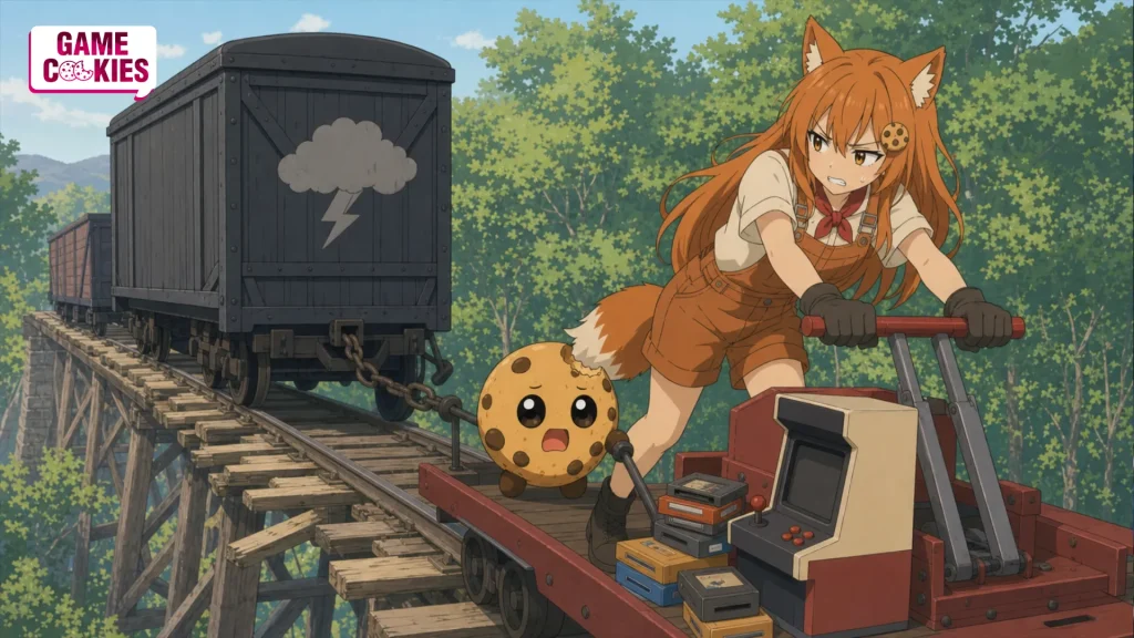 TV-anime scene of Kiki and Chip powering a red handcar loaded with cartridges and an arcade cabinet while a thundercloud-marked freight wagon strains a damaged bridge behind them.