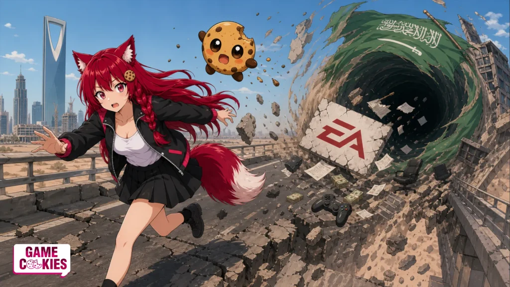Kiki and flying Chip flee across a collapsing desert highway as a Saudi flag-wrapped black-hole vortex pulls a cracked EA logo sign, contracts, cash, and gaming equipment into its maw.