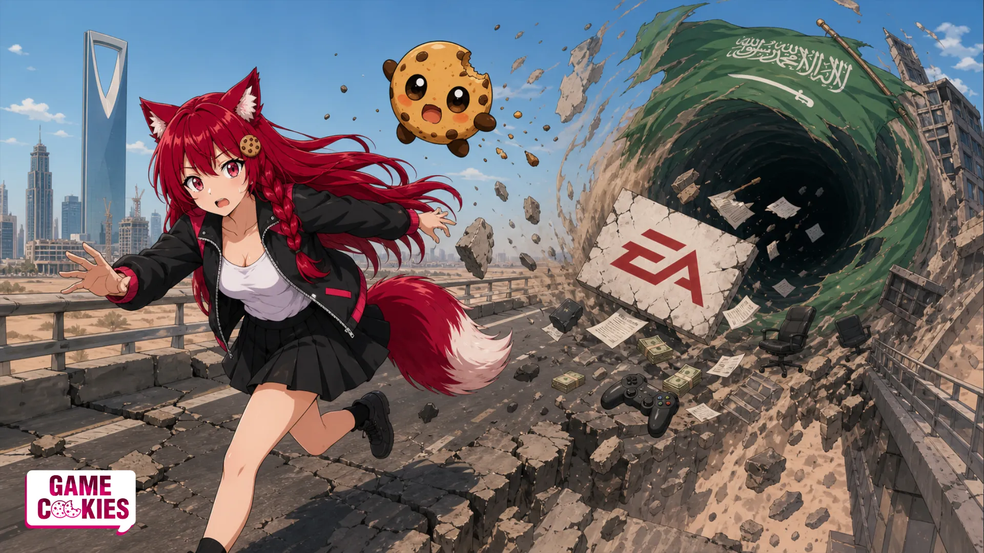 Kiki and flying Chip flee across a collapsing desert highway as a Saudi flag-wrapped black-hole vortex pulls a cracked EA logo sign, contracts, cash, and gaming equipment into its maw.