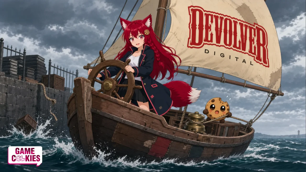 Kiki steers a patched wooden ship away from a gray harbor pier while Chip pulls a sail rope beneath the Devolver Digital logo.