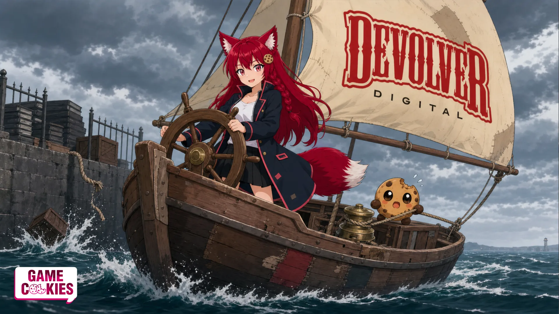 Kiki steers a patched wooden ship away from a gray harbor pier while Chip pulls a sail rope beneath the Devolver Digital logo.