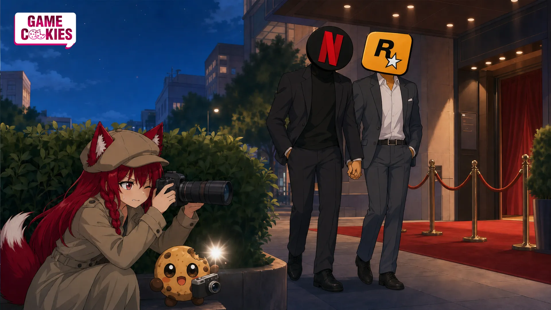 Kiki and Chip hide behind a hedge with cameras as affectionate Netflix- and Rockstar-logo-headed men hold hands outside a red-carpet premiere, while Chip's flash gives them away.