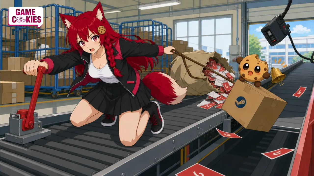 Kiki pulls an emergency stop lever while Chip rings an alarm on a Steam parcel as fake delivery labels spill from a torn sack in an editorial illustration of the Steam hardware data breach.
