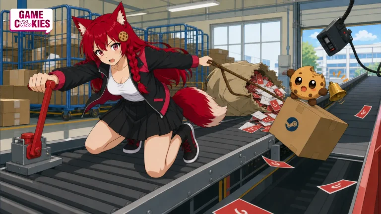 Kiki pulls an emergency stop lever while Chip rings an alarm on a Steam parcel as fake delivery labels spill from a torn sack in an editorial illustration of the Steam hardware data breach.