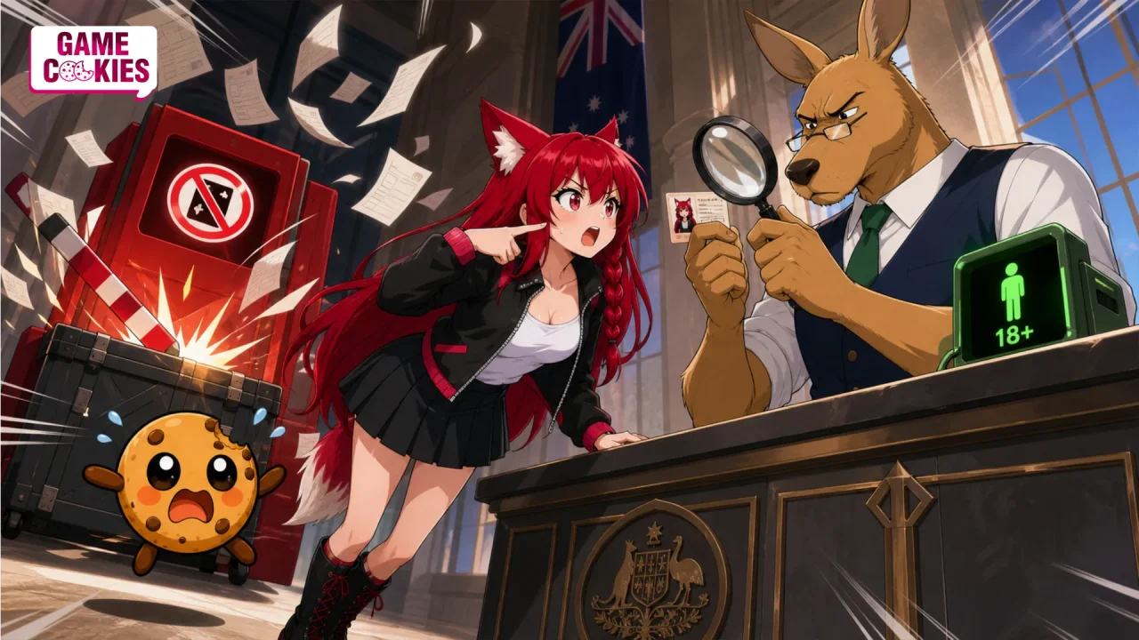 A kangaroo inspector examines Kiki's ID with a magnifying glass while Chip panics beside a game crate struck by a separate red classification barrier.