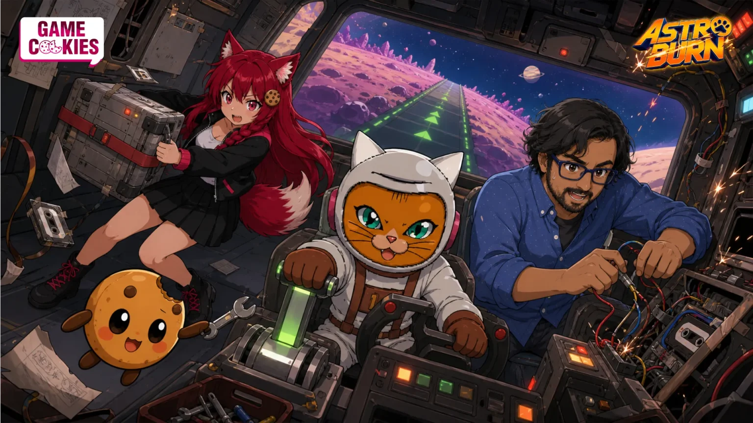 Astro pilots a damaged spaceship while HaZ repairs the controls, Kiki saves an old module and Chip passes a wrench in an illustration of the Astro Burn indie game pivot.