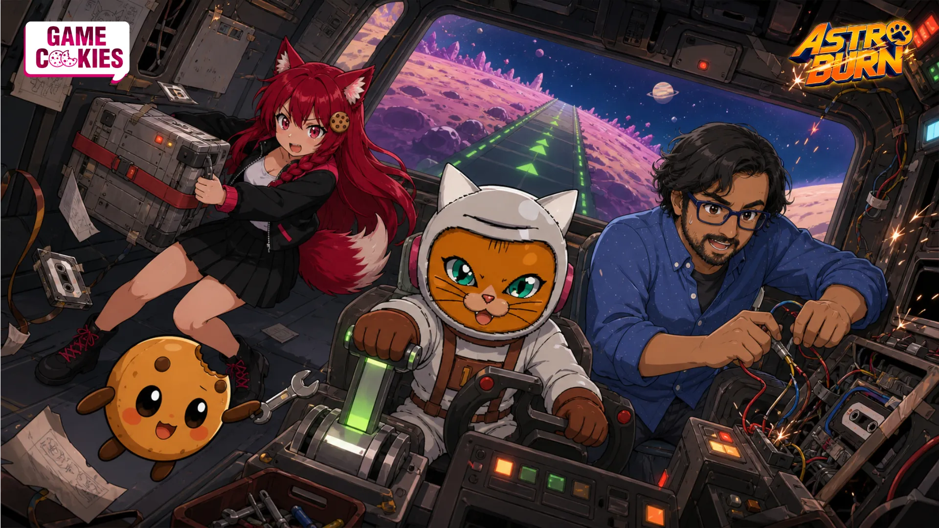 Astro pilots a damaged spaceship while HaZ repairs the controls, Kiki saves an old module and Chip passes a wrench in an illustration of the Astro Burn indie game pivot.