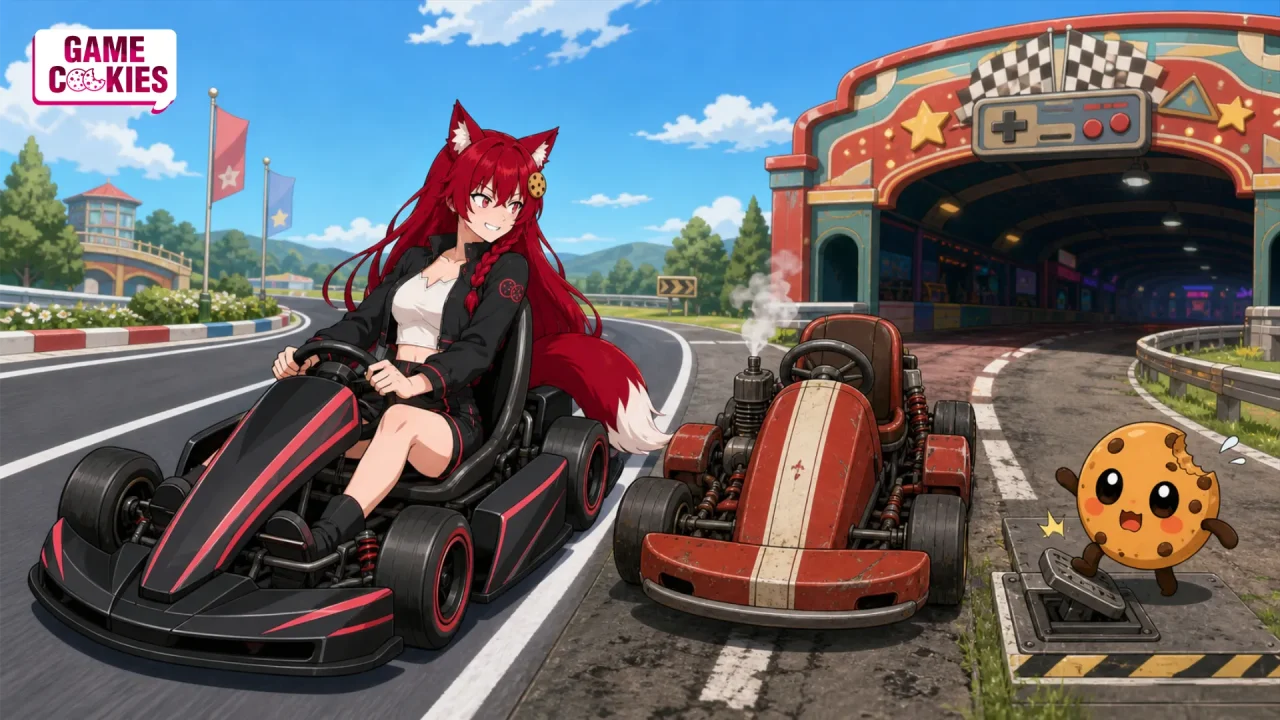 Kiki races a modern kart beside a weathered legacy kart while Chip activates a lane switch in an illustration of the Mario Kart World price challenge.