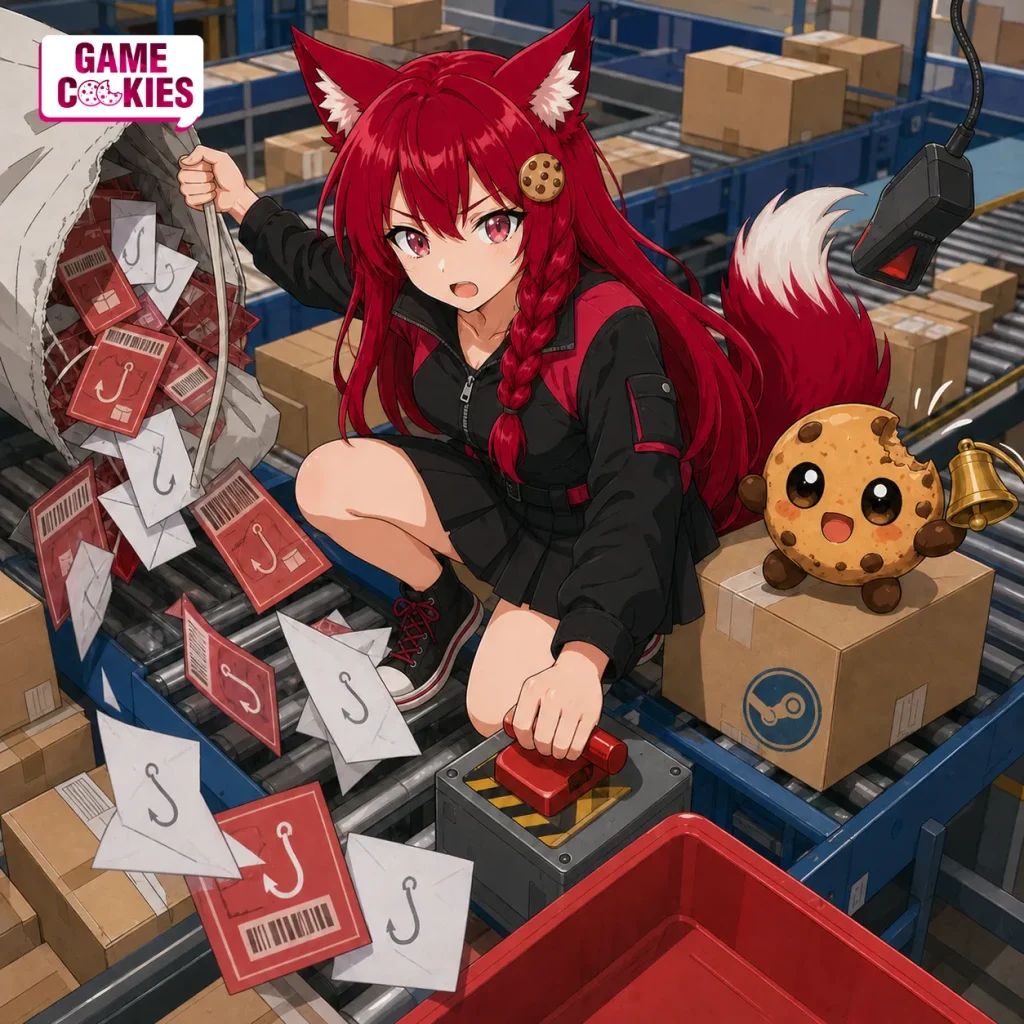 Kiki stops a conveyor while Chip rings a bell beside hook-marked fake labels in a square editorial scene about the Steam hardware data breach.