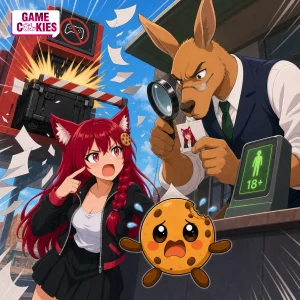 A kangaroo inspector compares Kiki's ID to her face while Chip panics below and a red classification machine crashes onto a game crate behind them.