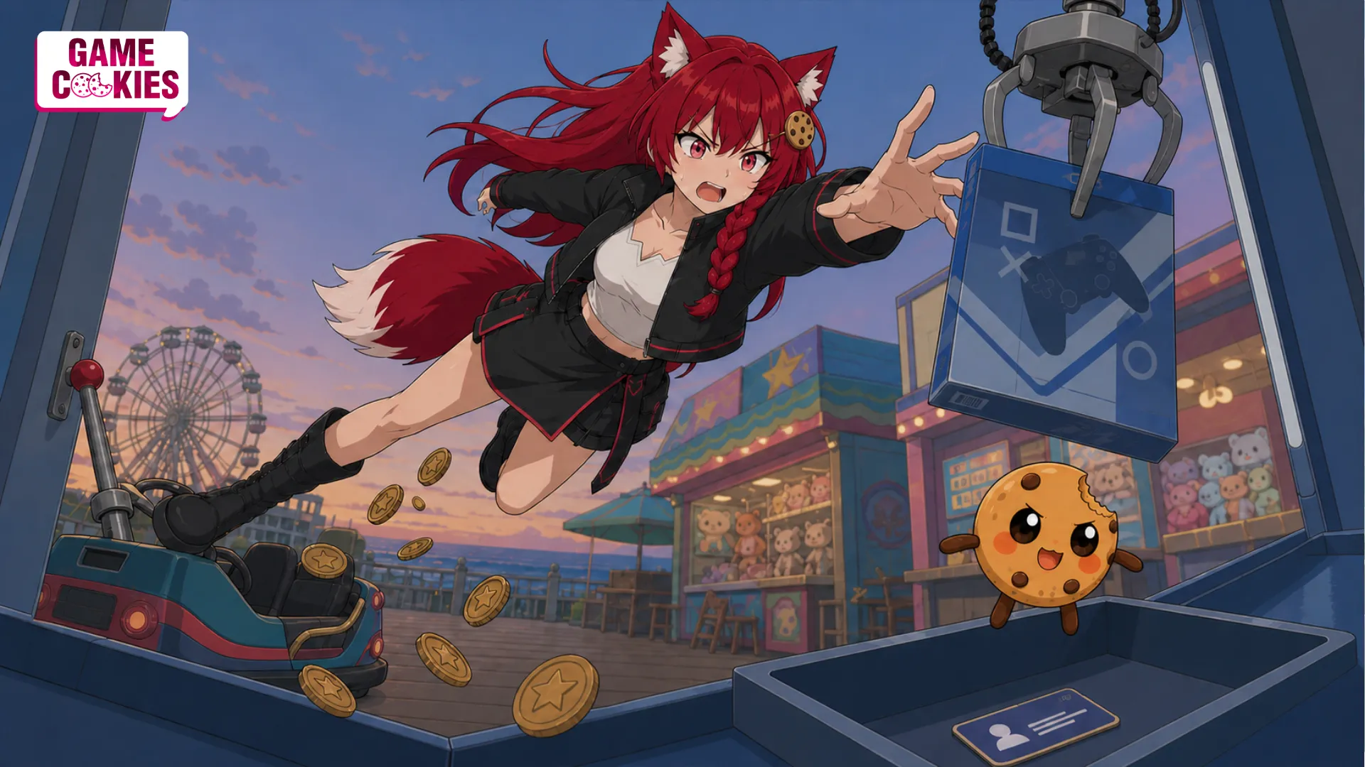 Kiki fights a seaside arcade claw machine while Chip tries to stop it from taking back their newly purchased console game.