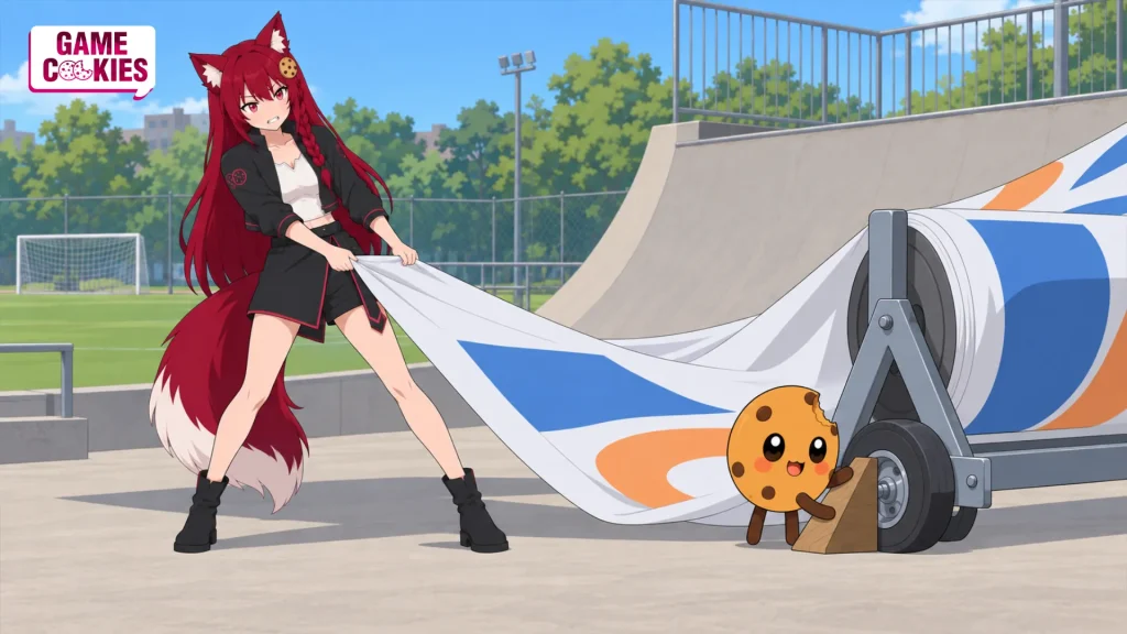 Kiki pulls an advertising banner off a skate ramp while Chip braces its wheeled reel beside a football pitch.