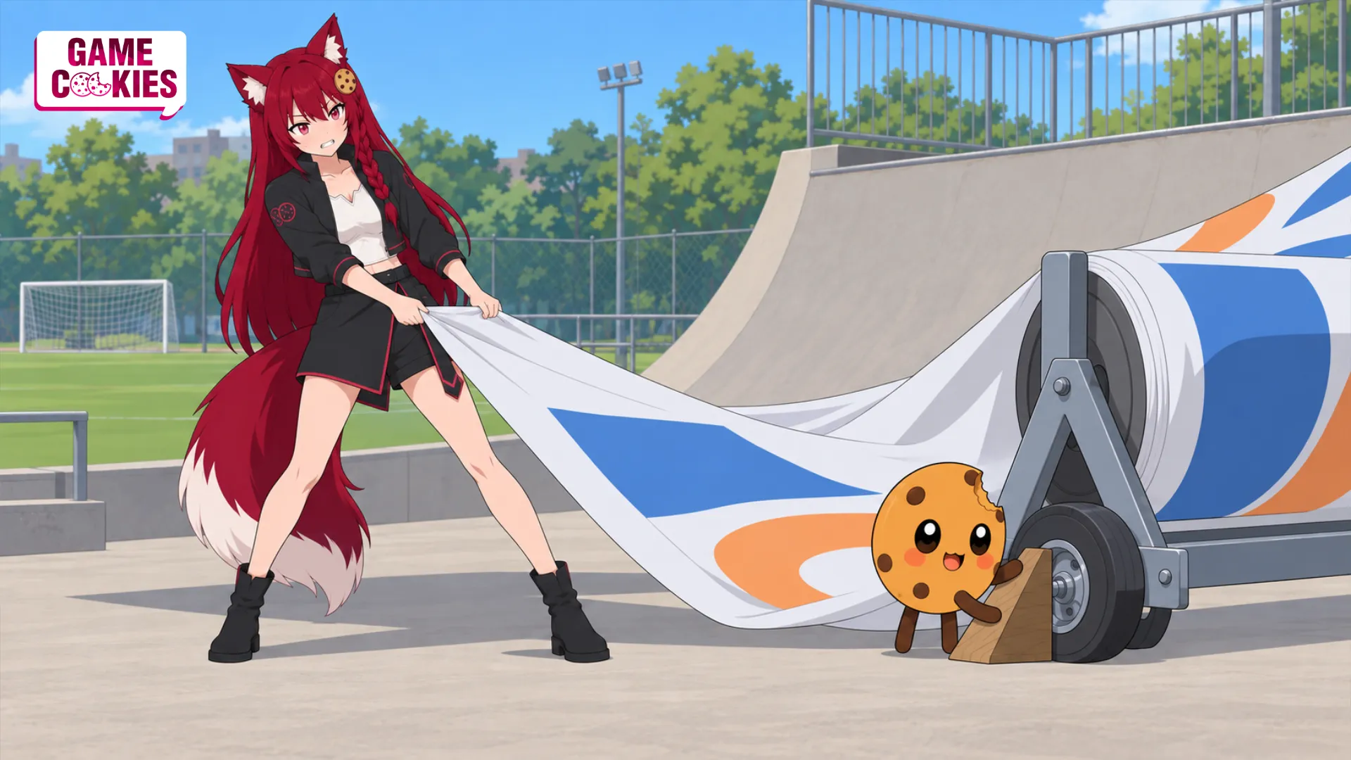 Kiki pulls an advertising banner off a skate ramp while Chip braces its wheeled reel beside a football pitch.