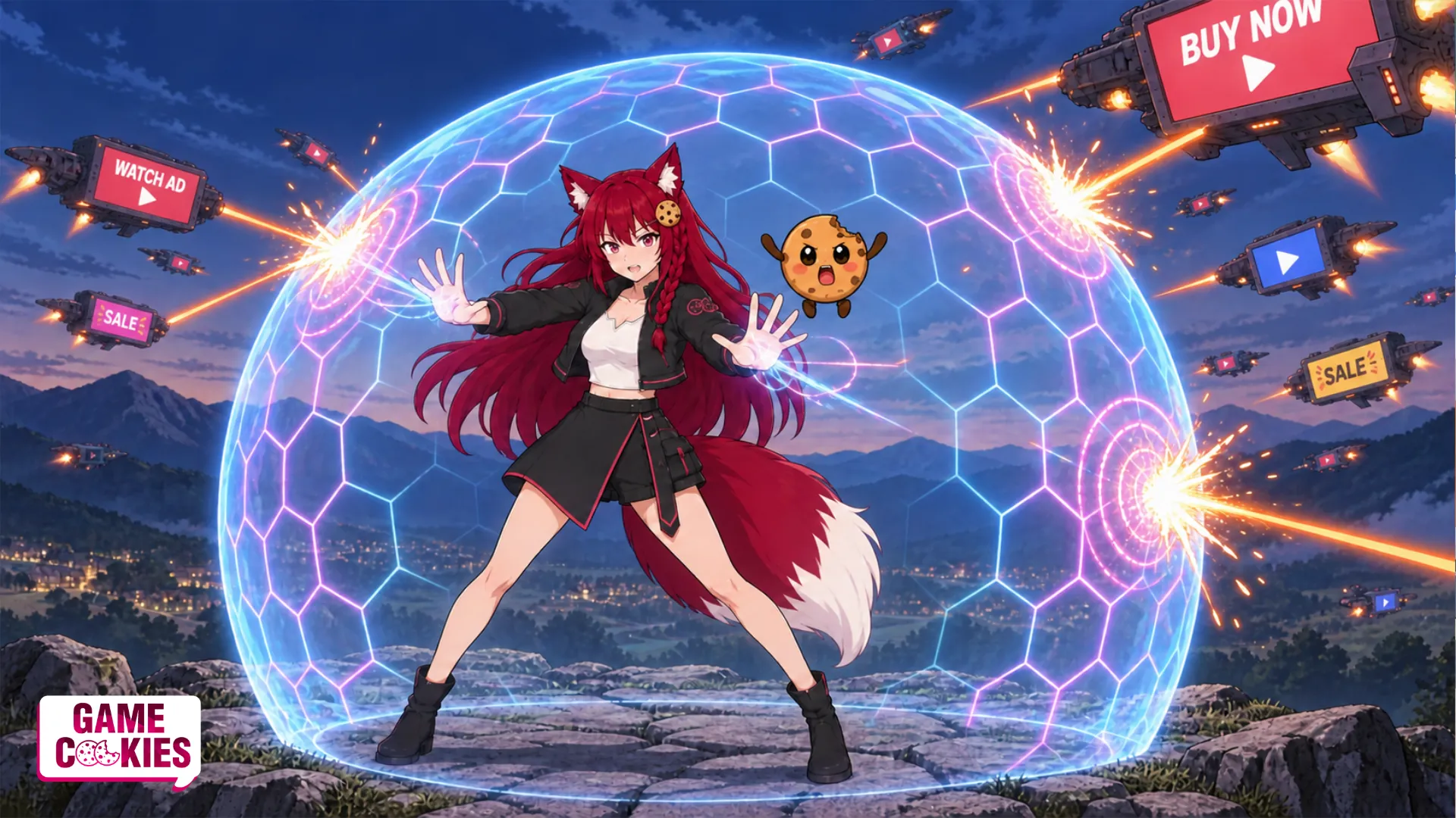 Kiki holds a glowing magical shield around herself and floating Chip as advertisement spaceships attack from every direction.