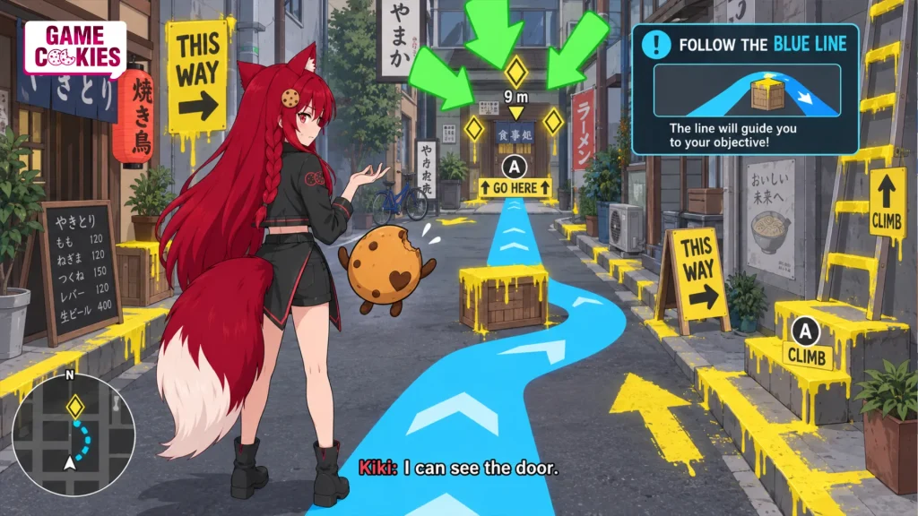 Kiki and Chip face a Japanese alley overwhelmed by blue navigation lines, yellow paint, giant arrows, and redundant tutorial prompts.