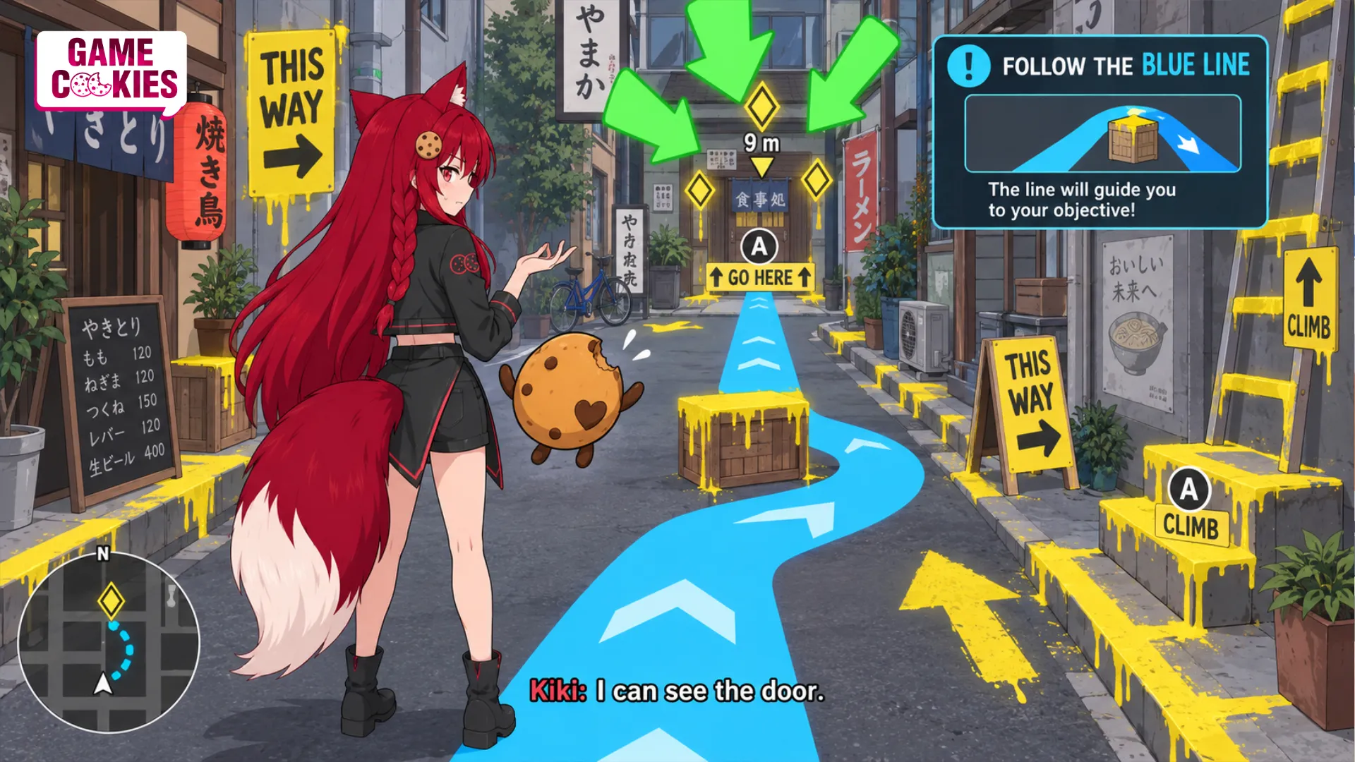 Kiki and Chip face a Japanese alley overwhelmed by blue navigation lines, yellow paint, giant arrows, and redundant tutorial prompts.