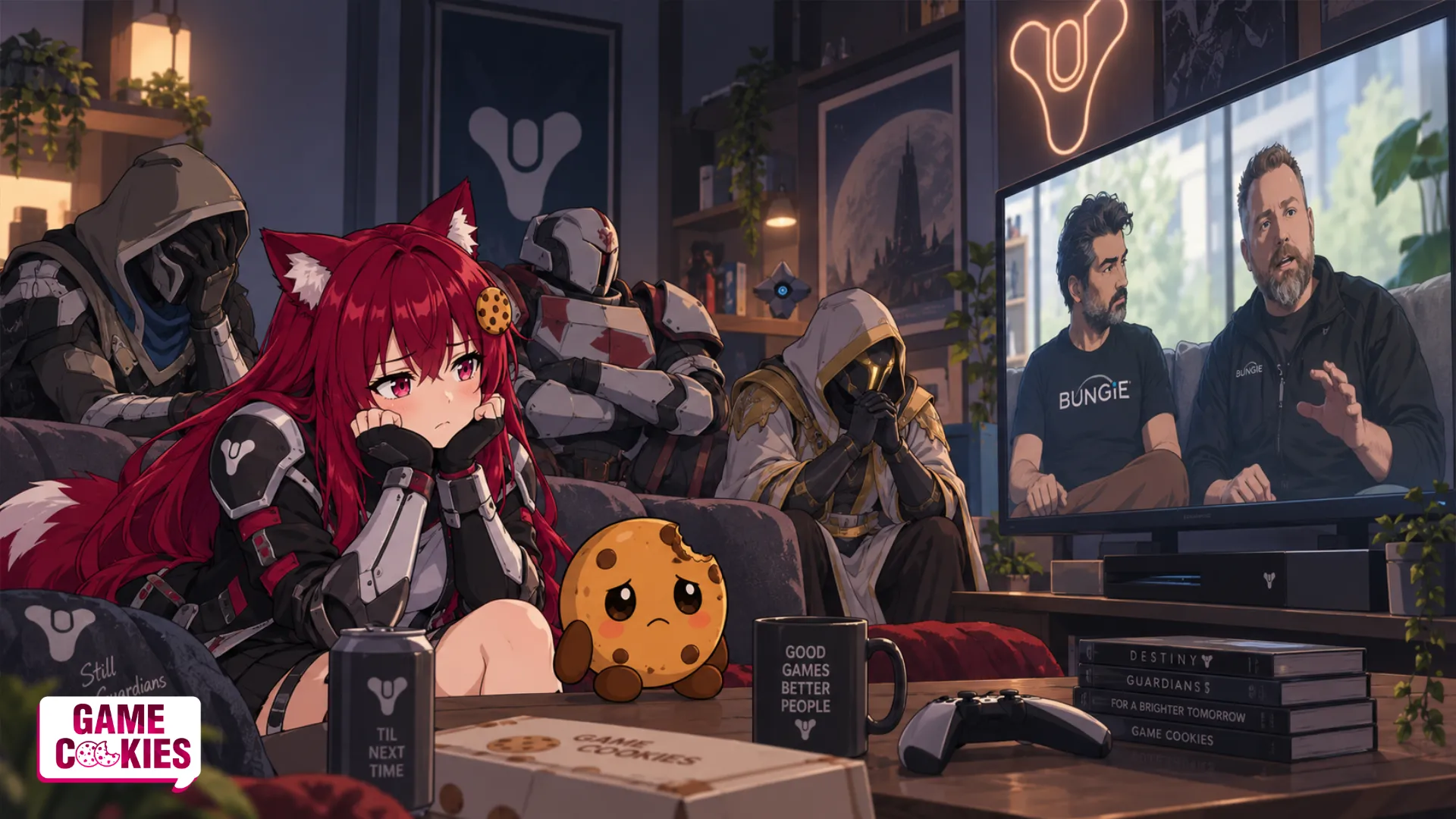 Kiki in Guardian cosplay and three Destiny-style Guardians watch a Bungie apology video on TV with disappointed expressions, while Chip sits sadly beside them.