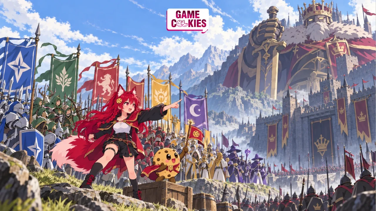 Kiki and Chip lead five colorful fantasy armies toward a giant crowned King towering above a mountain fortress, turning the labor pressure around King into a playful medieval battle metaphor.