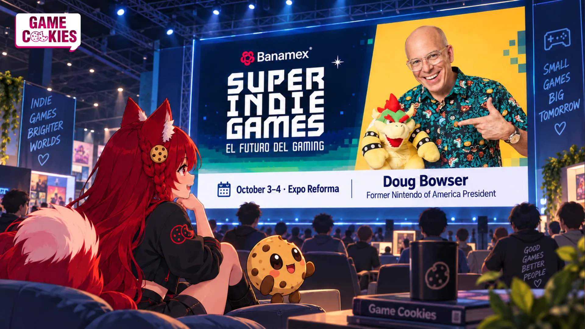 Kiki and Chip watch a Banamex Super Indie Games presentation featuring Doug Bowser, former Nintendo of America president, at Expo Reforma.