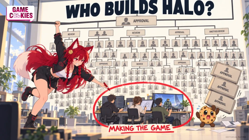 Kiki circles a tiny three-person game development team beneath a massive fictional organisation chart while Chip struggles to hold up a leaning stack of approval boxes.