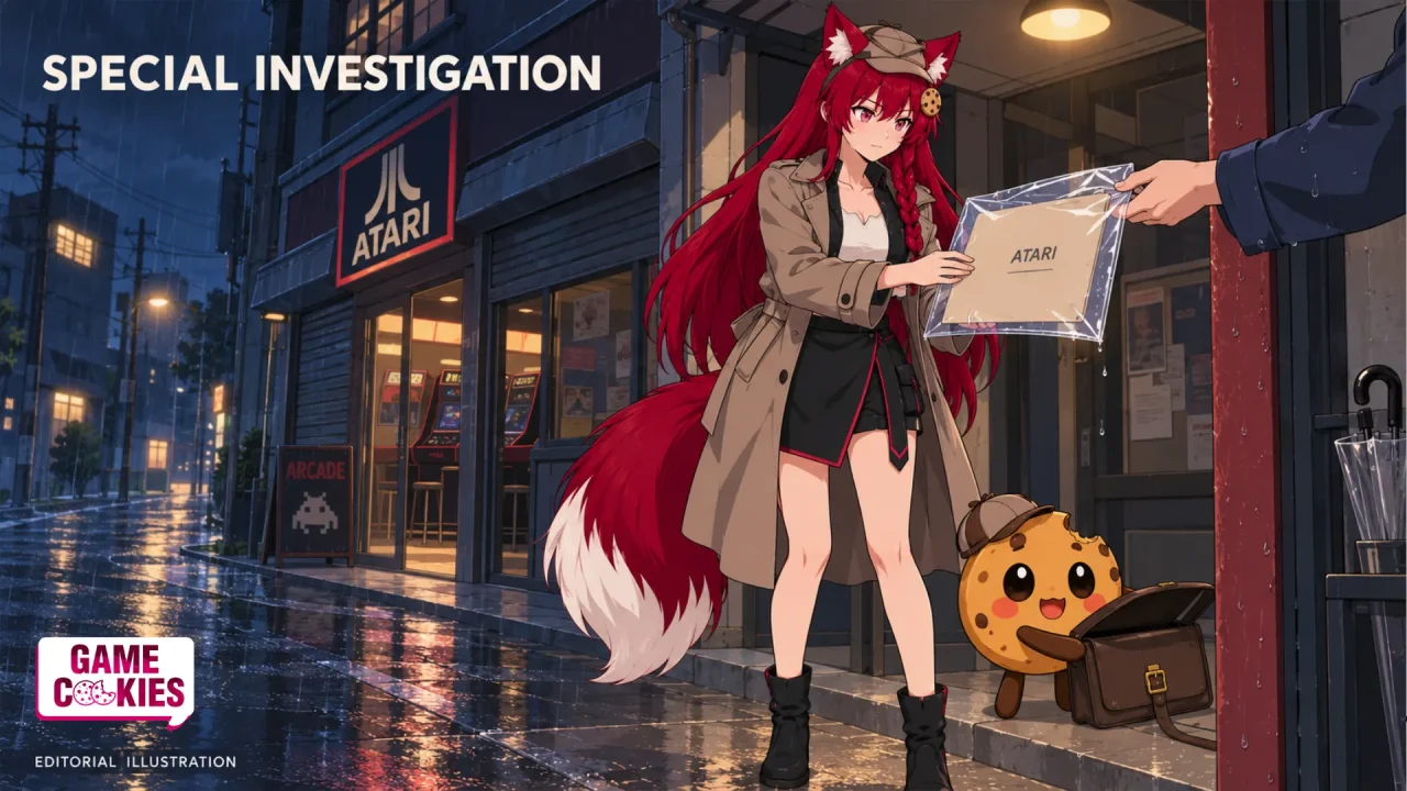 Detective Kiki receives an Atari document sleeve in the rain while Chip holds their satchel open beneath an arcade awning.