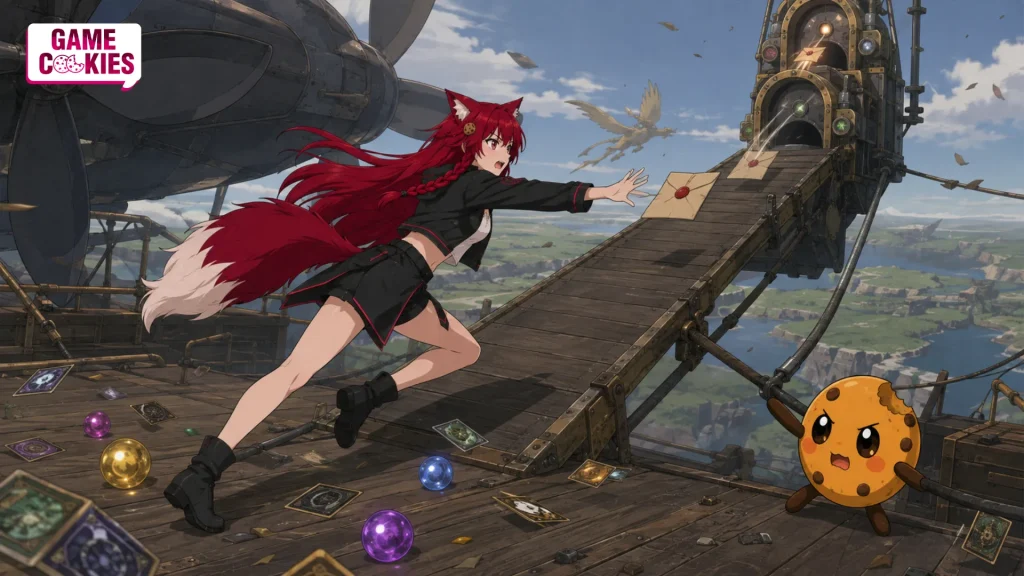 Kiki and Chip race across a fantasy airship as sealed story envelopes are pulled toward a closing mechanical gate.