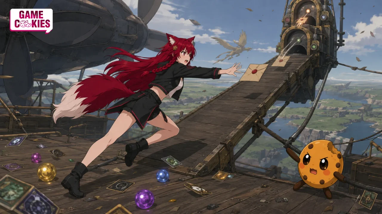 Kiki and Chip race across a fantasy airship as sealed story envelopes are pulled toward a closing mechanical gate.