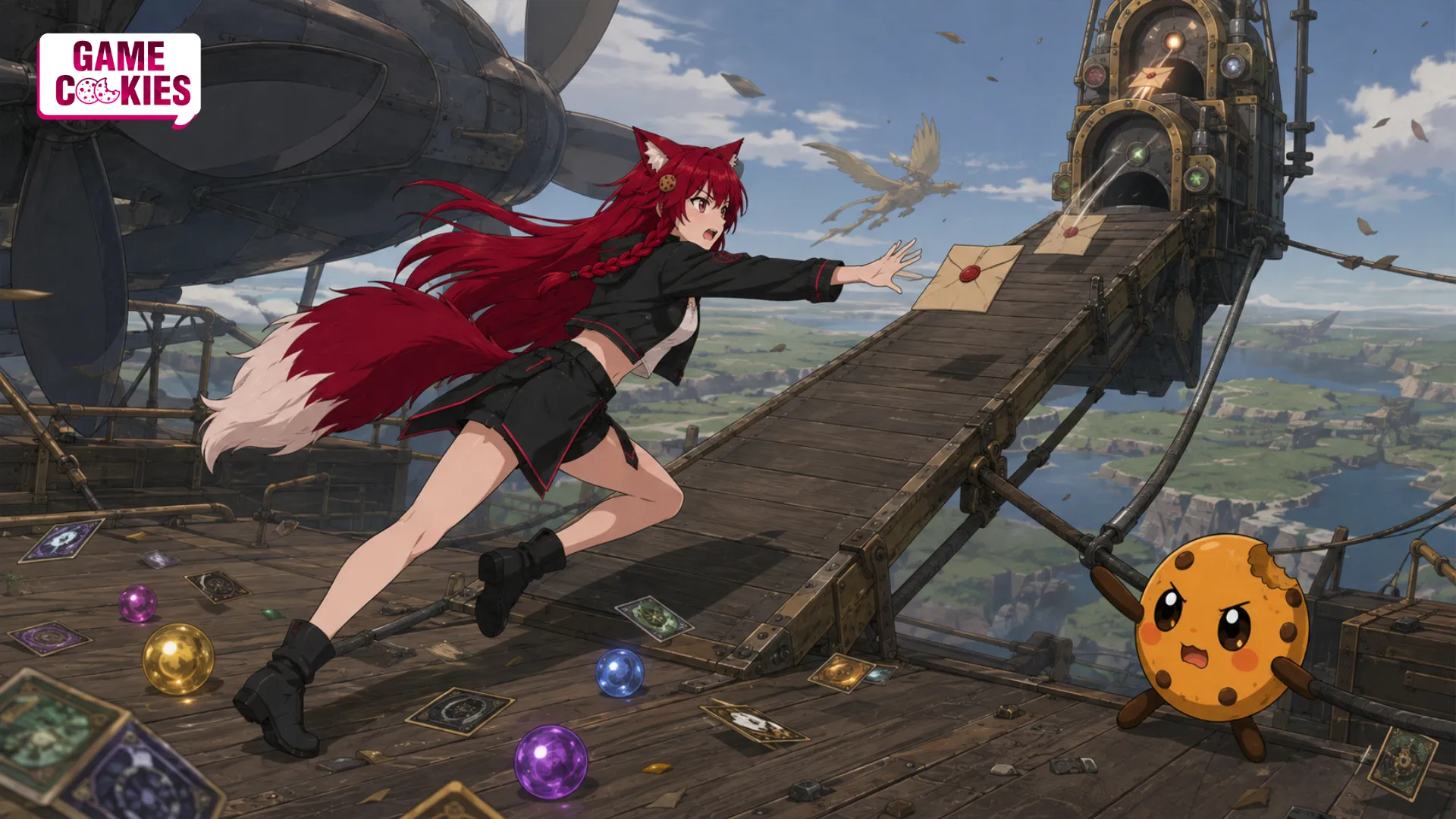 Kiki and Chip race across a fantasy airship as sealed story envelopes are pulled toward a closing mechanical gate.