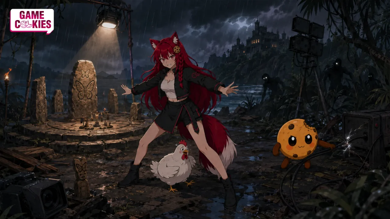 Kiki protects a chicken while Chip disconnects broadcast equipment on a stormy island ritual set.