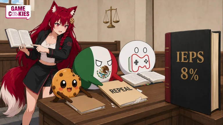 Mexico’s countryball challenges an IEPS 8% law book with a repeal petition, supported by Kiki, Chip and a white ball bearing the GDMEX logo.