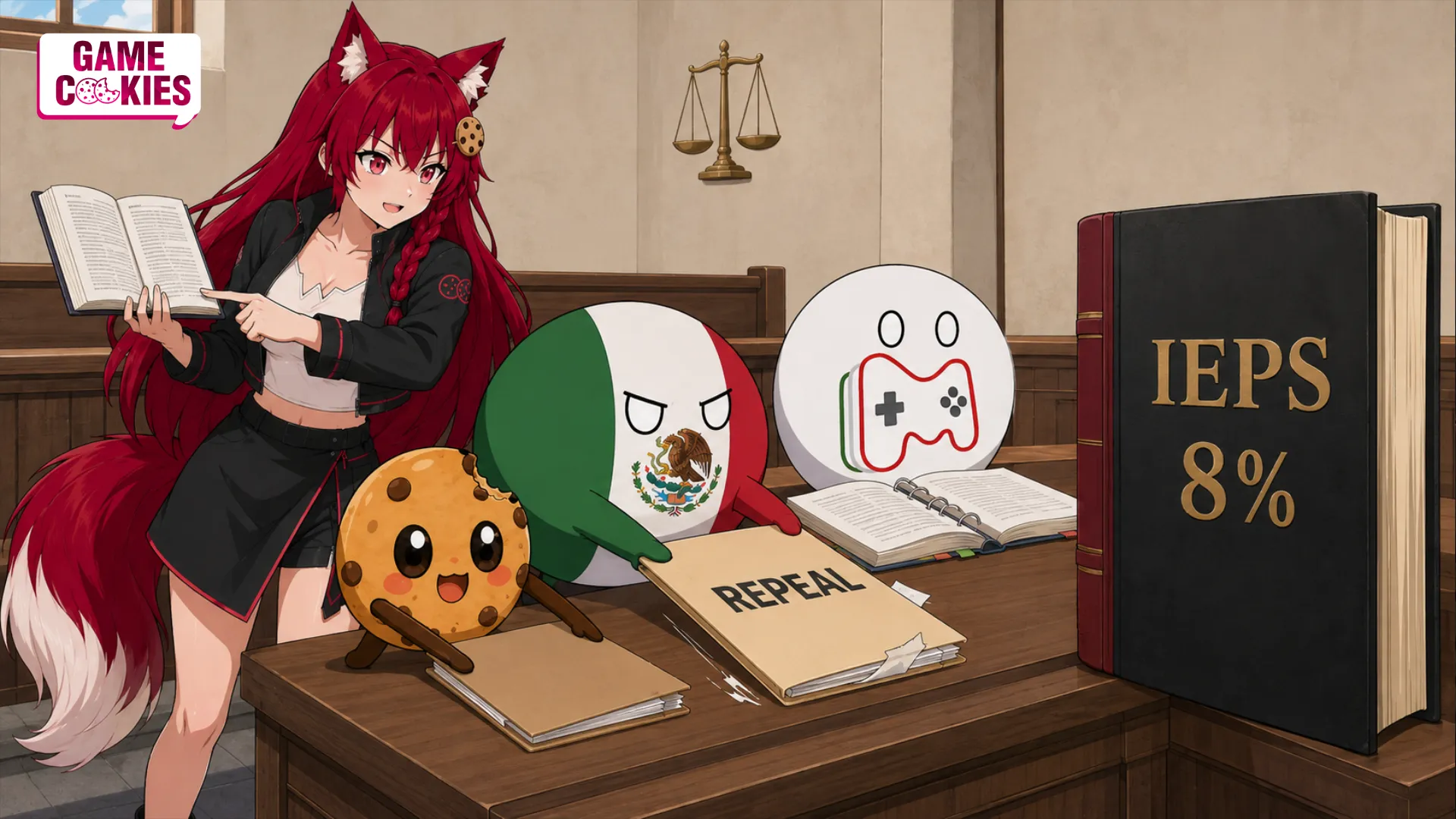 Mexico’s countryball challenges an IEPS 8% law book with a repeal petition, supported by Kiki, Chip and a white ball bearing the GDMEX logo.