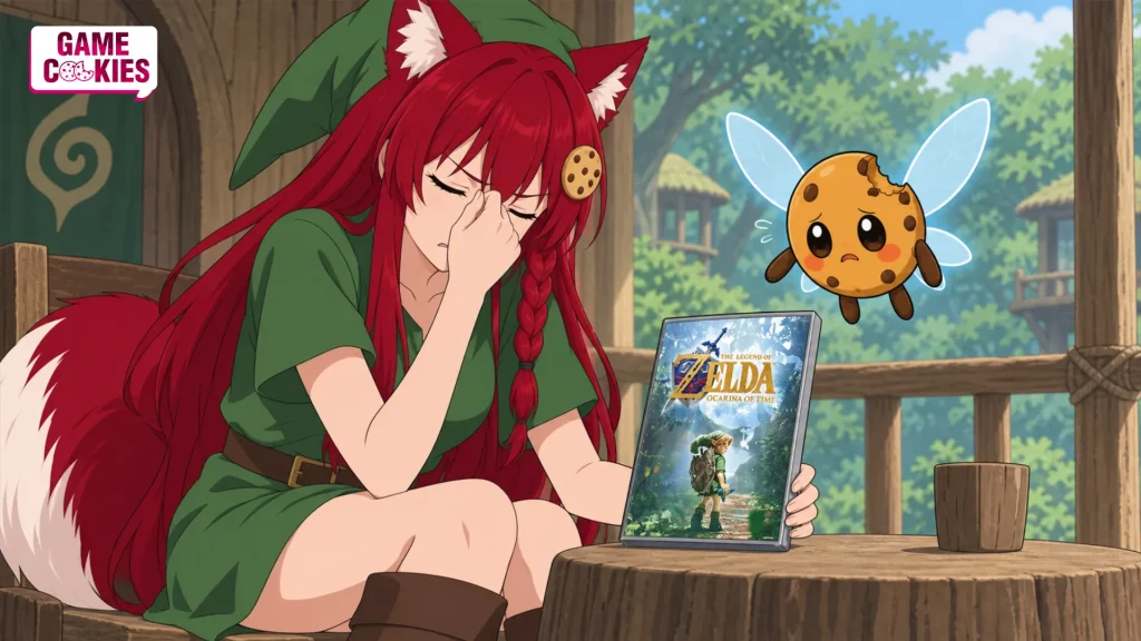 Kiki in a green Kokiri tunic pinches her nose beside an Ocarina of Time game cover while fairy-winged Chip floats nearby.