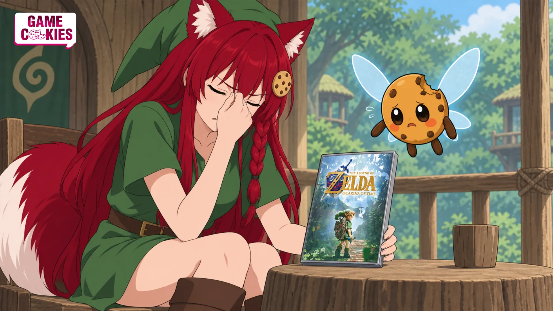 Kiki in a green Kokiri tunic pinches her nose beside an Ocarina of Time game cover while fairy-winged Chip floats nearby.