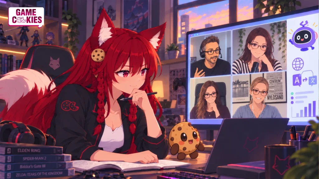 Kiki and Chip analyze a Gridly webinar featuring Mike Souto, Tamara Tirjak, Cristina Anselmi and Anna Albinsson in a gamer office.