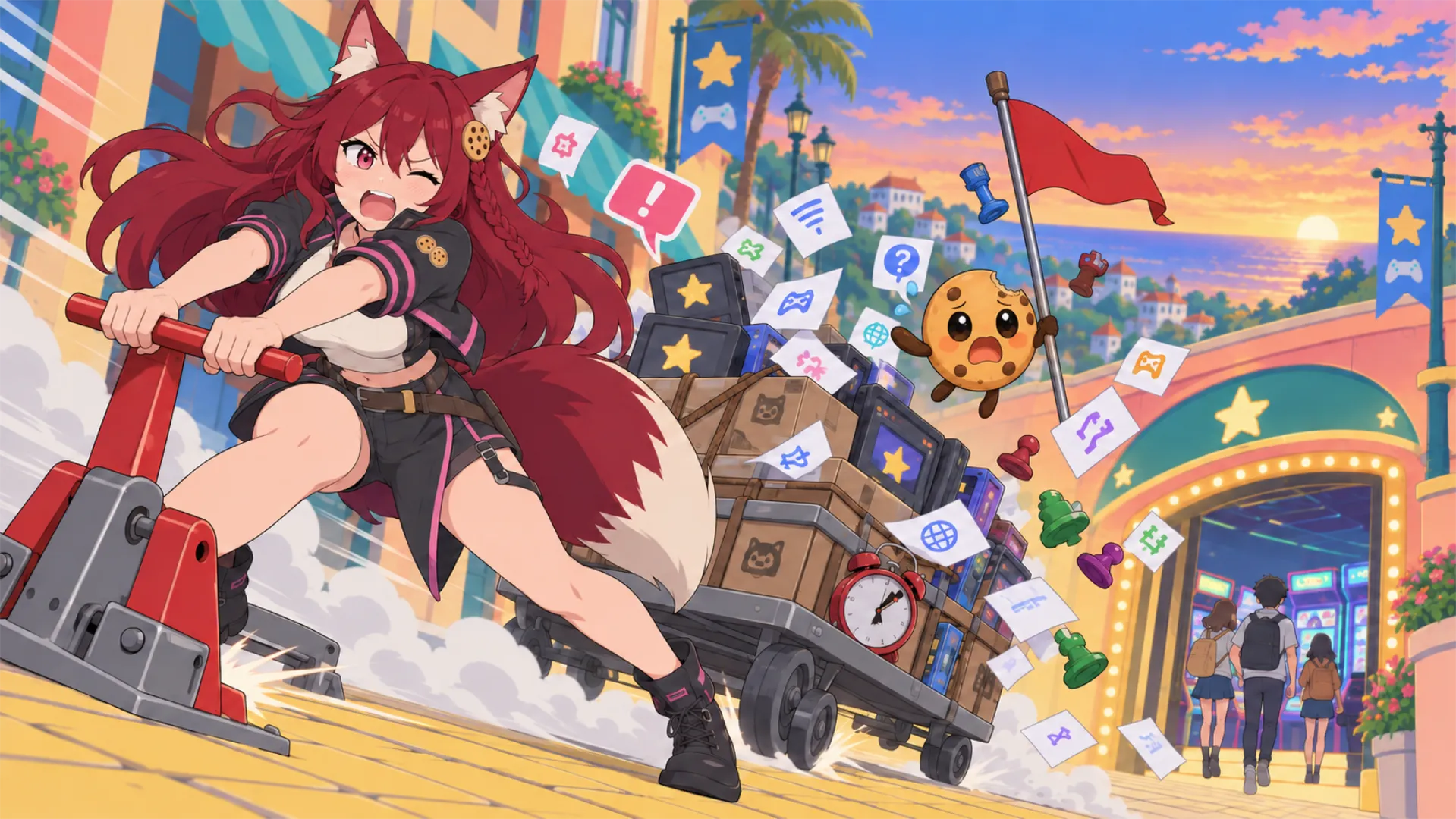 Kiki pulls a brake as Chip floats beside a runaway cart of game crates, dialogue pages, and a clock near an arcade.