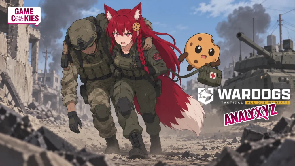 Kiki in a military uniform drags a wounded soldier through a ruined battlefield while Chip floats beside her carrying a medical kit.
