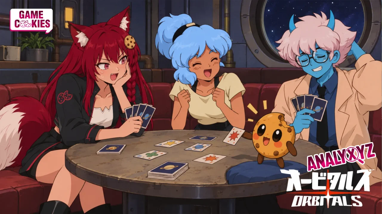 Fan-made retro anime illustration of Kiki and Chip playing cards with Maki and Omura in a spaceship lounge.