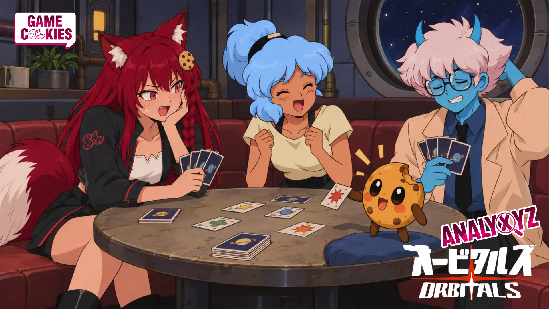 Fan-made retro anime illustration of Kiki and Chip playing cards with Maki and Omura in a spaceship lounge.