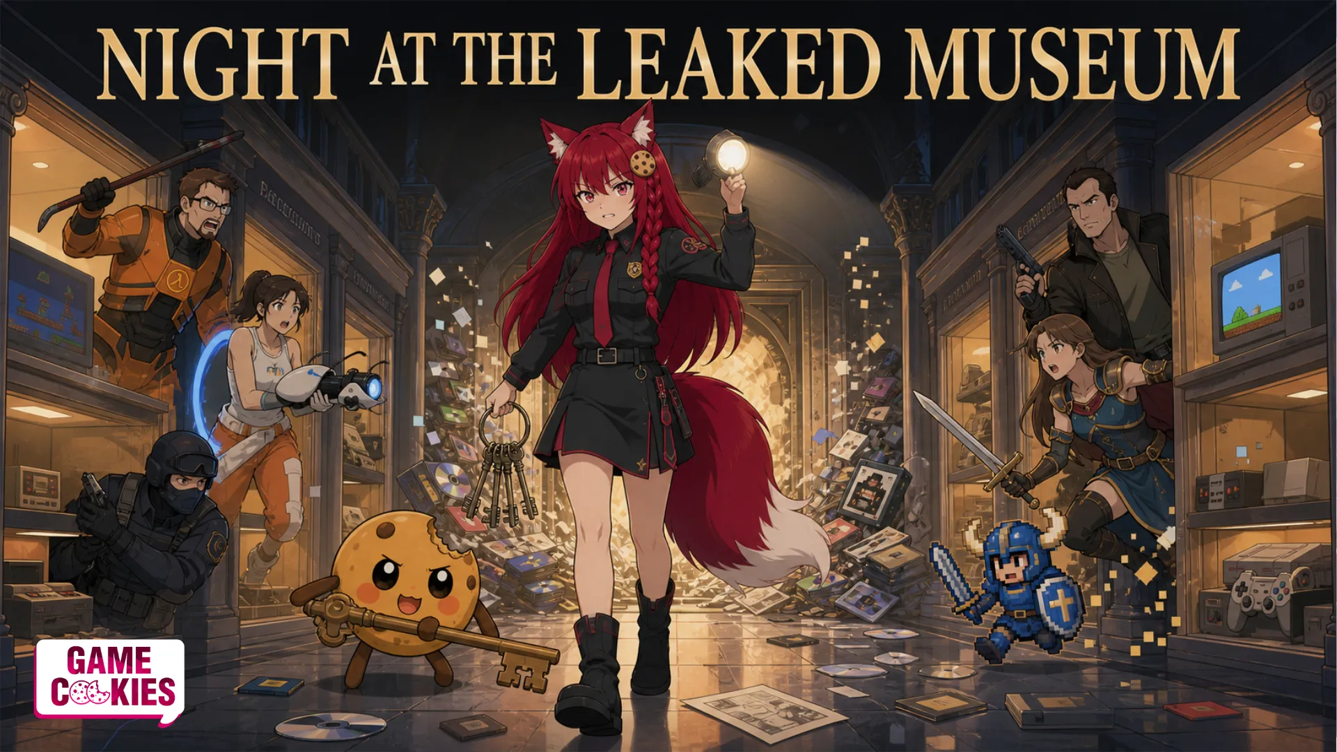 Kiki and Chip patrol a chaotic nighttime museum as gaming characters escape their exhibits and leaked prototypes spill from an open archive.
