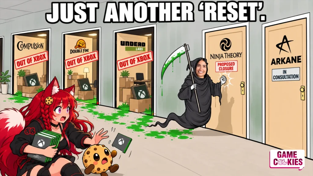 Kiki and Chip react in shock as a Grim Reaper figure with Asha Sharma’s face knocks on Ninja Theory’s door, while Compulsion, Double Fine and Undead Labs are marked “Out of Xbox” and Arkane remains “In Consultation.”